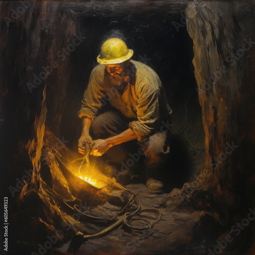 miner finding gold in deep cave - by generative ai
