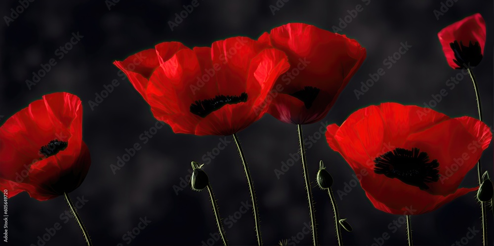 Naklejka premium Bouquet of large red poppies on a dark background.