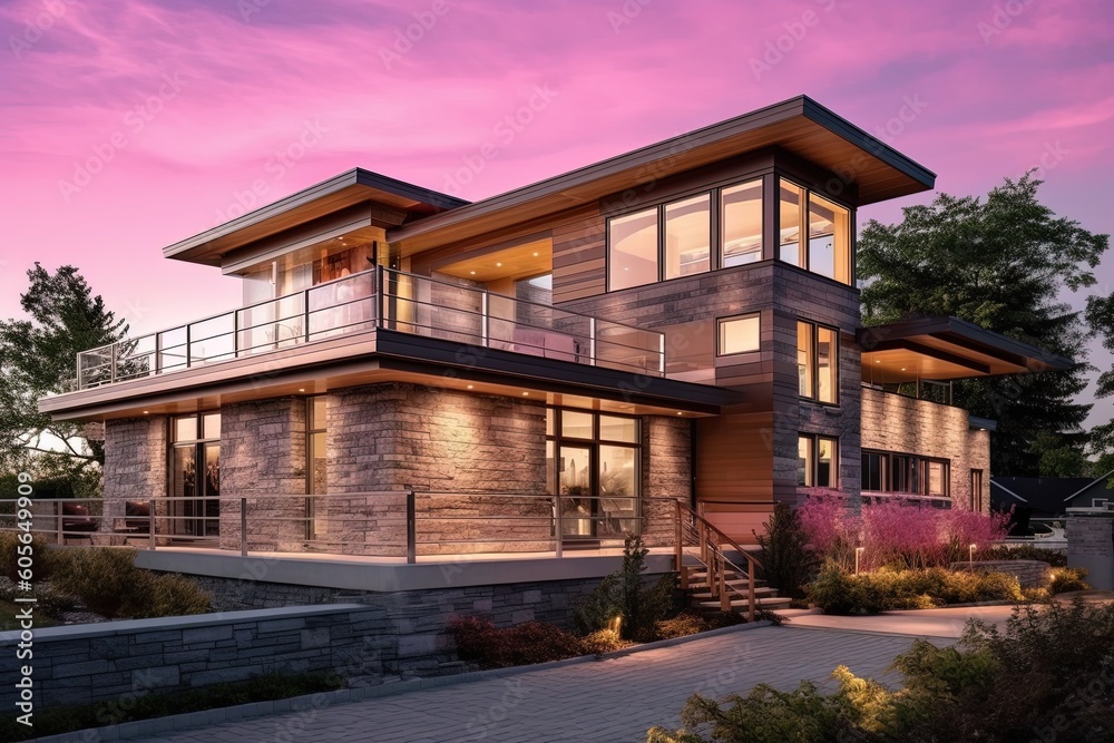 Cutting-Edge Construction: Vibrant Fresh Residence with Double Garage, Pink Siding, and Natural Stone Accents, generative AI Cutting-Edge Construction: Vibrant Fresh Residence with Double Garage, Pink Siding, and Natural Stone Accents, generative AI