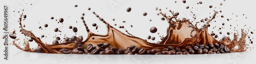 Coffee beverage and beans splash isolated on white, banner. Generative AI