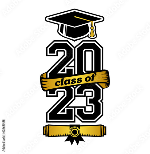 2023 class graduate header. Temlate of decorate congratulation for school graduates. Design for t-shirt, flyer, invitation, greeting card. Vector