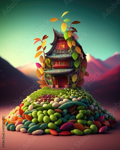 3d render of cartoon style bean land house edmame  photo