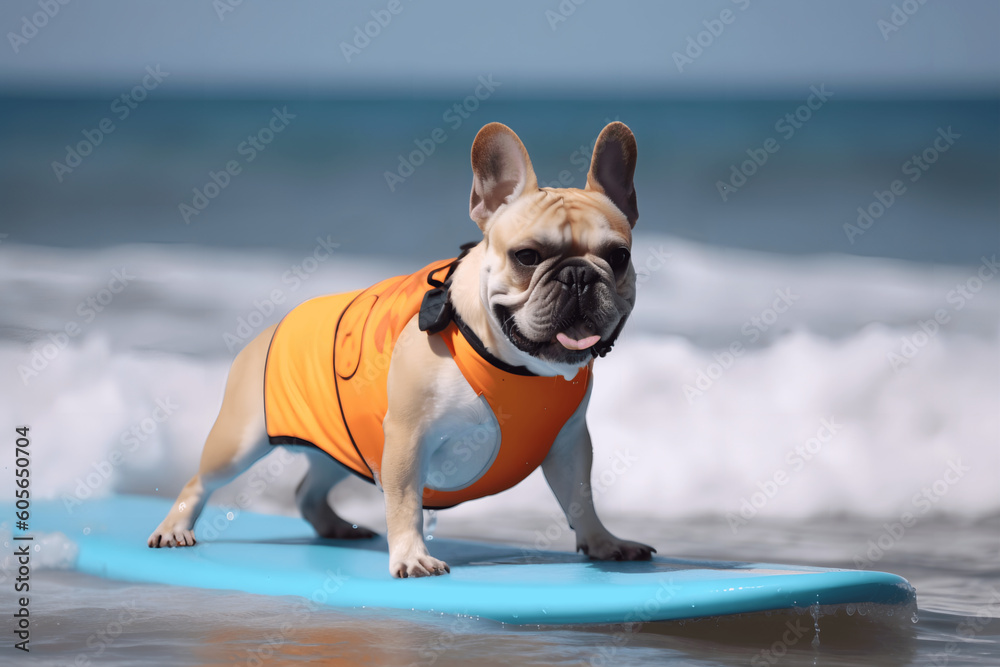 Cute french bulldog surfing with a swimming suit