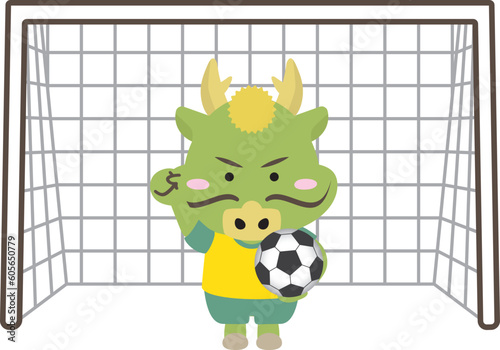 サッカーを前にプレーする辰年のかわいい龍のイラスト