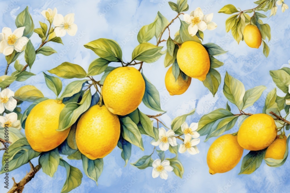 Set of watercolor illustrations of lemons. Hand painted tree branch ripe lemons with green leaves on white background for your design.ai generative