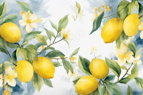 Set of watercolor illustrations of lemons. Hand painted tree branch ripe lemons with green leaves on white background for your design.