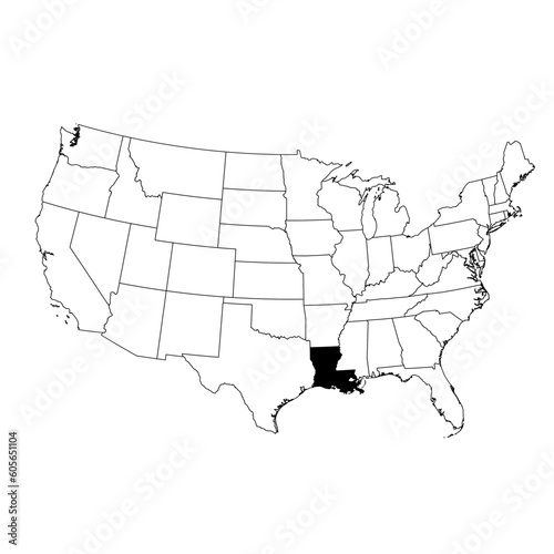 Vector map of the state of Louisiana highlighted in black on the map of the United States of America.