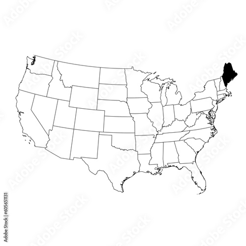Vector map of the state of Maine highlighted in black on the map of the United States of America.