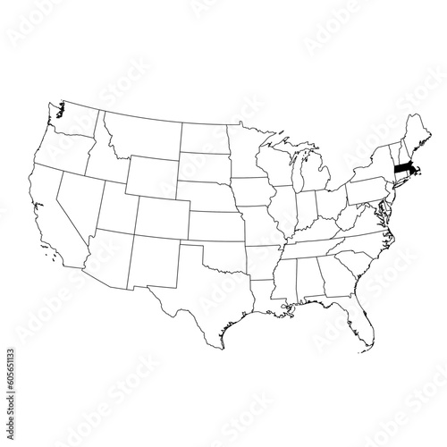 Vector map of the state of Massachusetts highlighted in black on the map of the United States of America.