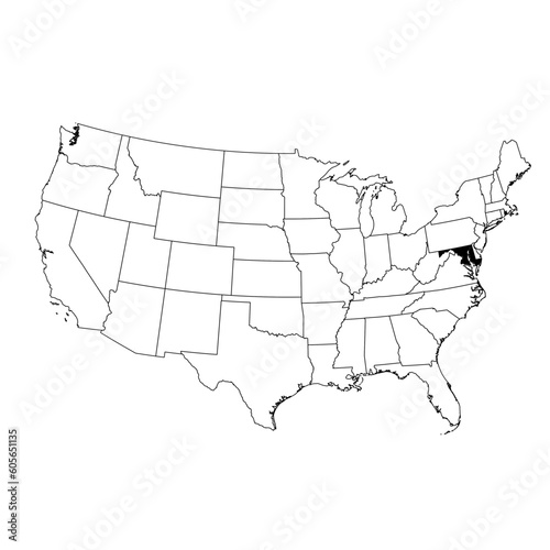 Vector map of the state of Maryland highlighted in black on the map of the United States of America.