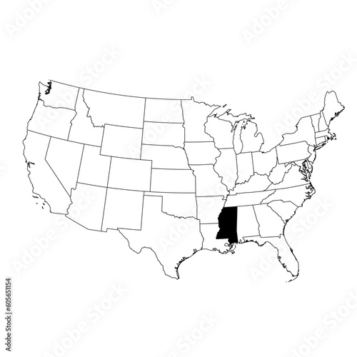 Vector map of the state of Mississippi highlighted in black on the map of the United States of America.