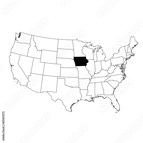 Vector map of the state of Iowa highlighted in black on the map of the United States of America.