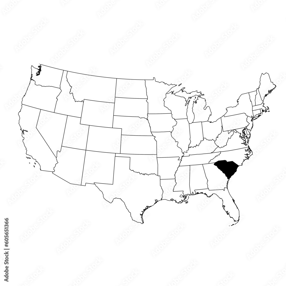 Vector map of the state of South Carolina highlighted highlighted in black on the map of the United States of America.