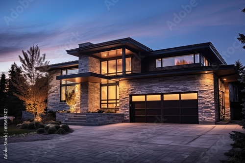 Cutting-Edge Styling Meets Vibrant Freshness: A Double Garage Residence with Gray Siding and Natural Stone Elements, generative AI