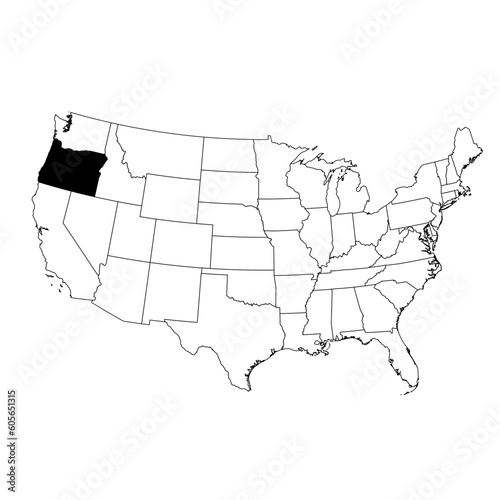 Vector map of the state of Oregon highlighted in black on the map of the United States of America.