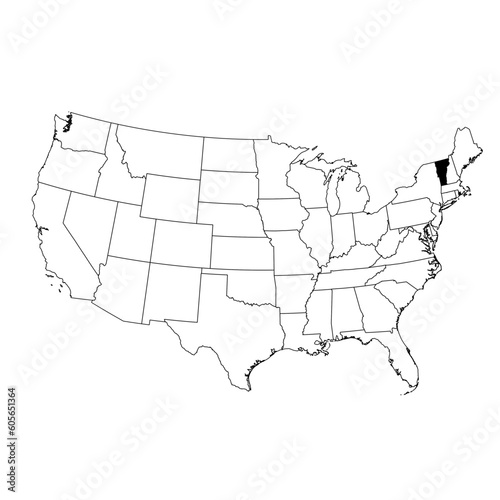 Vector map of the state of Vermont highlighted highlighted in black on the map of the United States of America.