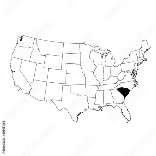 Vector map of the state of South Carolina highlighted highlighted in black on the map of the United States of America.