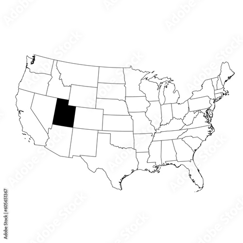 Vector map of the state of Utah highlighted in black on the map of the United States of America.