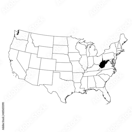 Vector map of the state of West Virginia highlighted in black on the map of the United States of America.