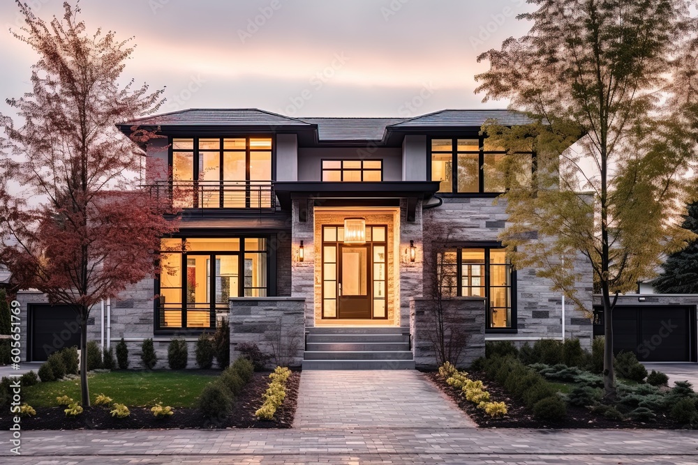 Cutting-Edge Styling meets Vibrant Freshness in this Natural Stone & Light Gray Siding Double Garage Residence, generative AI