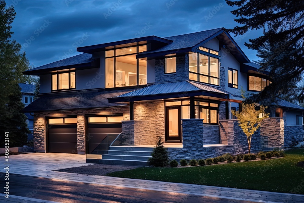 Cutting-Edge Styling and Vibrant Fresh Construction: A Stunning Double Garage Residence with Navy Blue Siding and Natural Stone Elements, generative AI