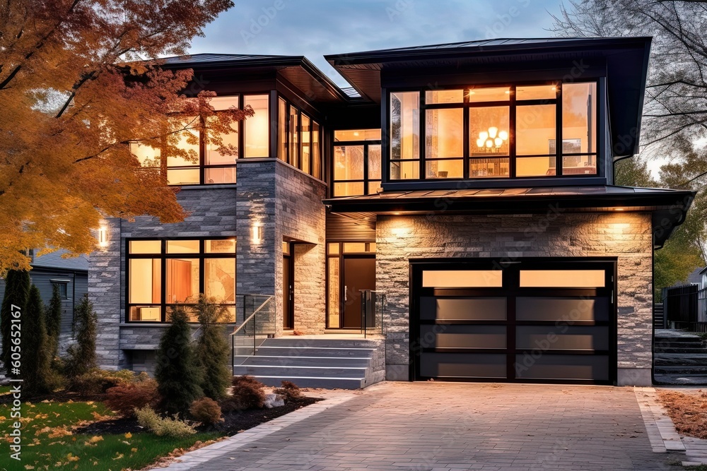 Cutting-Edge Styling and Natural Stone Accents Define Vibrant Double Garage Residence with Dark Green Siding, generative AI Cutting-Edge Styling and Natural Stone Accents Define Vibrant Double Garage Residence with Dark Green Siding, generative AI