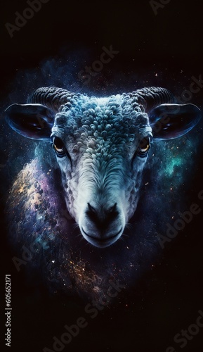 sheep's head depicted on a galaxy background