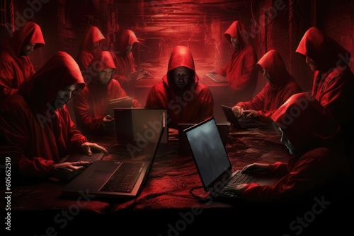 faceless hackers in red ,computer hackers with laptop, hacker security measure, ai generative