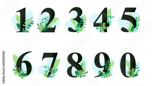 Digits 1, 2, 3, 4, 5, 6, 7, 8, 9, 0 with botanic leaves. Natural style. Vector elements for wedding invitations, birthdays, save the date cards, logos, posters