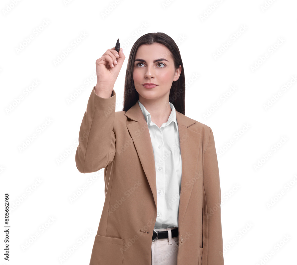 Beautiful businesswoman with marker on white background