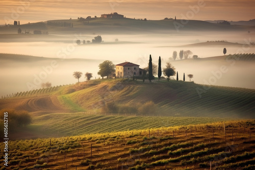 Beautiful morning in Tuscany Italy. Serene morning scene bathed in warm, golden light. Ai generated