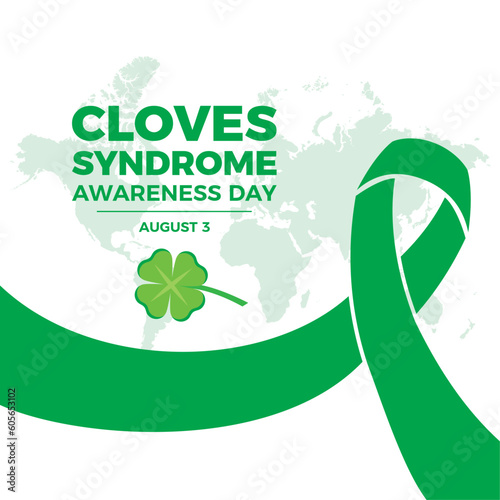 Cloves Syndrome Awareness Day vector illustration. Green awareness ribbon and cloverleaf icon vector isolated on a white background. Rare genetic disorder symbol. August 3. Important day