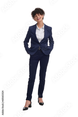 Beautiful young businesswoman in suit on white background