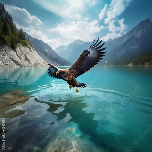 closeup wide angle dramatic photo, eagle catching a fish inside a beautiful blue lake with the mountains in the background, hyper realistic, high details photo