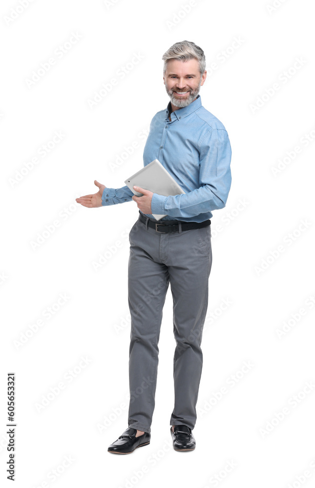 Mature businessman in stylish clothes with tablet on white background Mature businessman in stylish clothes with tablet on white background