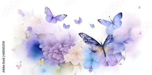 Butterflies with flowers on a white background.