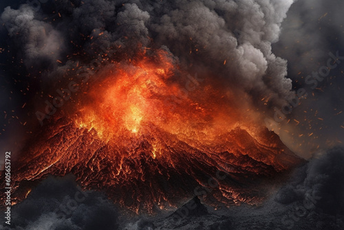 Illustration depicting an immense volcanic eruption. The fiery lava cascades down the slopes, engulfing everything in its path. Ai generated