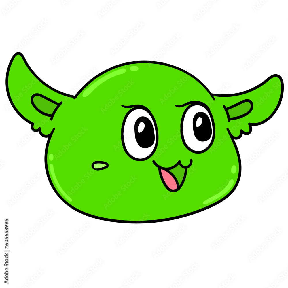 Simple illustration of a green monster head with a smiling face against a white background Simple illustration of a green monster head with a smiling face against a white background