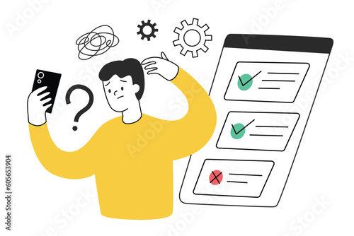Person passing exam on cell phone, hand drawn composition with online test interface, vector illustration of thinking process, man thinking over difficult question, colored clipart on white background