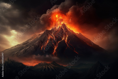 Illustration depicting an immense volcanic eruption. The fiery lava cascades down the slopes, engulfing everything in its path. Ai generated © twindesigner