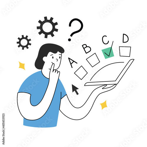 Person passing online test on laptop, hand drawn scene with quiz interface, thinking and choosing answers, woman placing checkmark in survey, vector illustration, colored clipart on white background