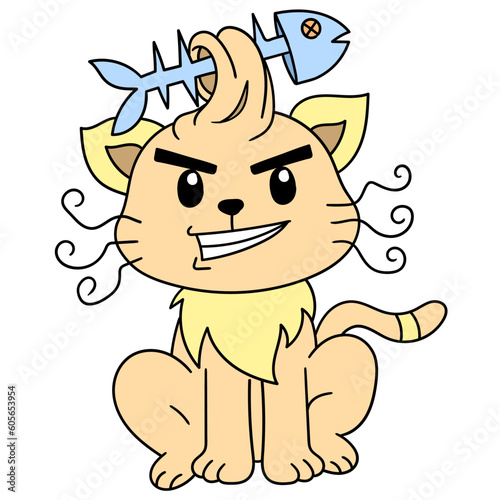 Simple illustraiton of a cute cat with fish skeleton against a white background