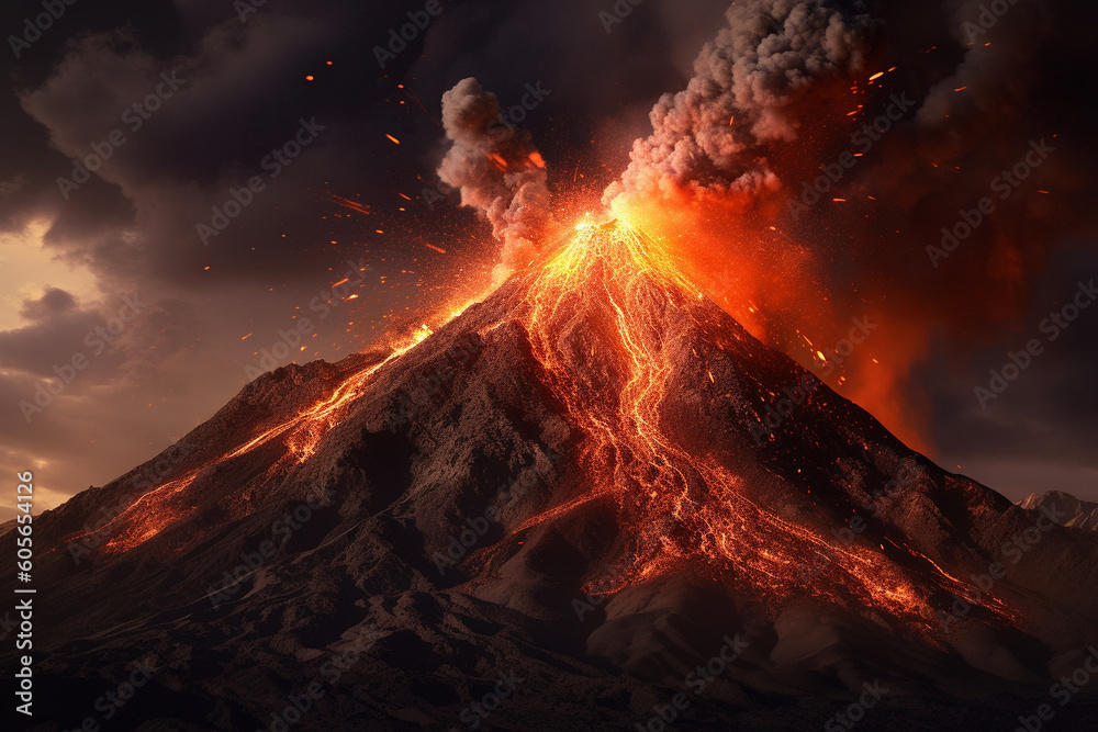 Obraz premium Illustration depicting an immense volcanic eruption. The fiery lava cascades down the slopes, engulfing everything in its path. Ai generated