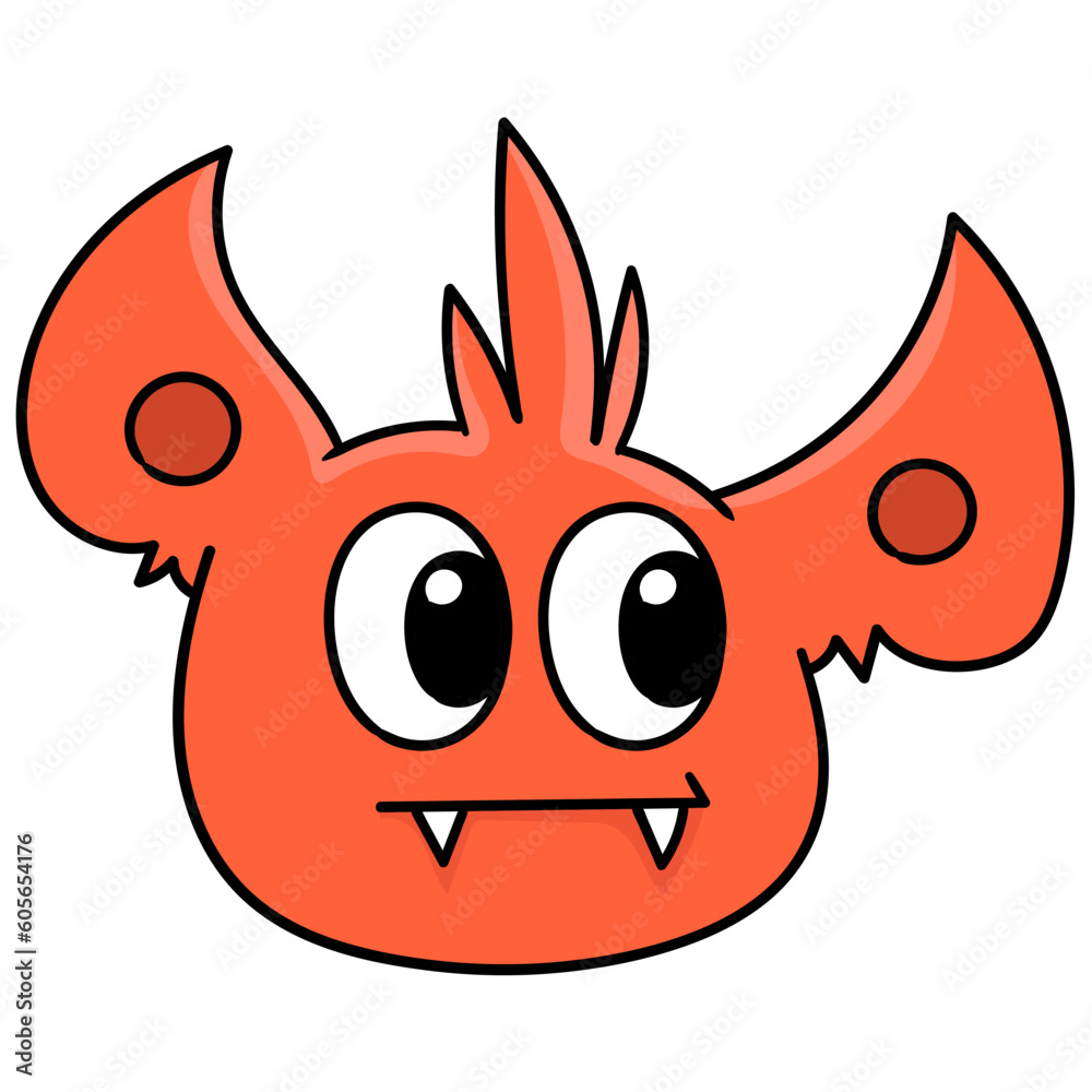 Red cartoon character's face with cute fangs isolated on white background