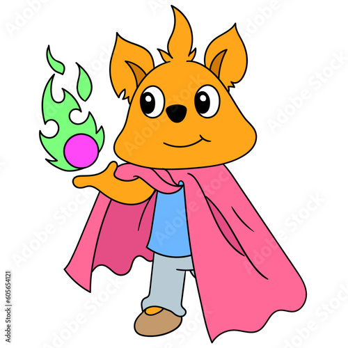 Simple illustration of a cute dog with a superhero outfit against a white background