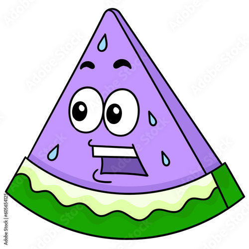 Simple illustraiton of a purple slice of watermelon with a gawk face against a white background