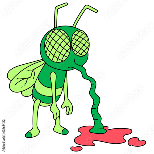 Green cartoon mosquito with blood on the floor isolated on white background
