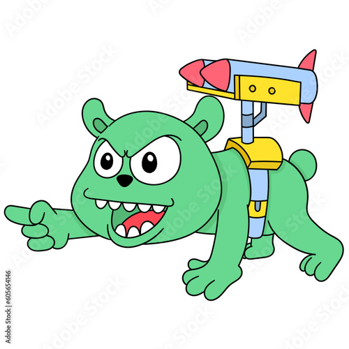 Green cartoon with an angry face and cannon on its back