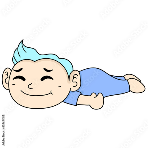 Cartoon boy laying on his belly and smiling isolated on white background