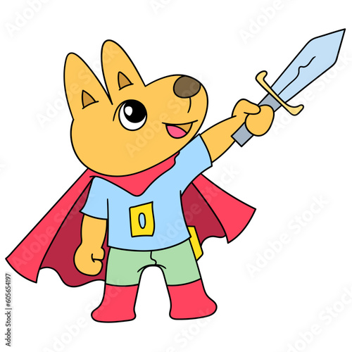 Cartoon dog with a superhero costume holding a sward on white background